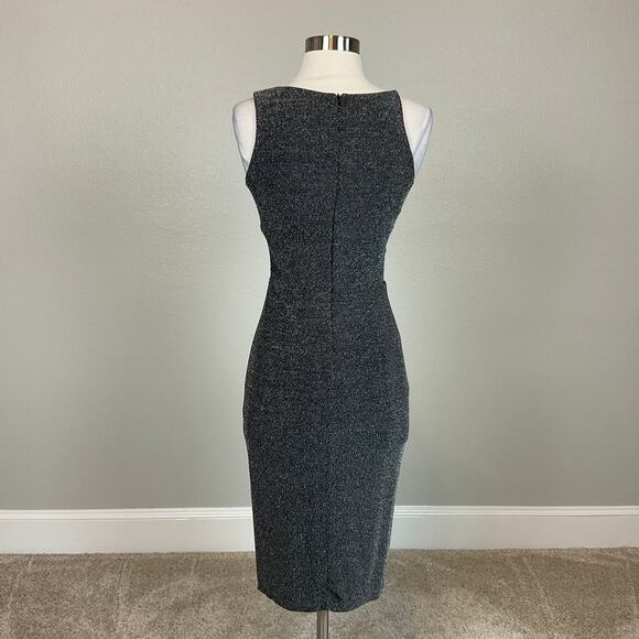 AQUA Black and Silver Sleeveless Metallic Midi Sheath Cocktail Dress Size 6 - Picture 7 of 11